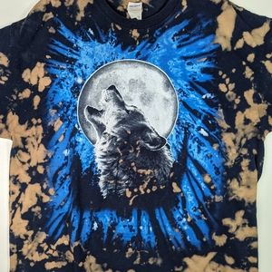 Vintage Y2K Howling Wolf Bleach Tie Dye T shirt  XL Distressed Unisex Boho